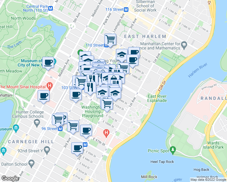 map of restaurants, bars, coffee shops, grocery stores, and more near in New York