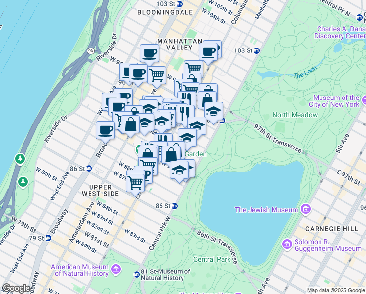 map of restaurants, bars, coffee shops, grocery stores, and more near 32 West 92nd Street in New York