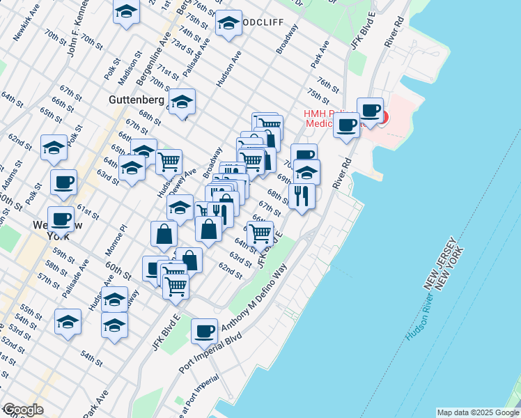 map of restaurants, bars, coffee shops, grocery stores, and more near 6612B Lincoln Place in West New York