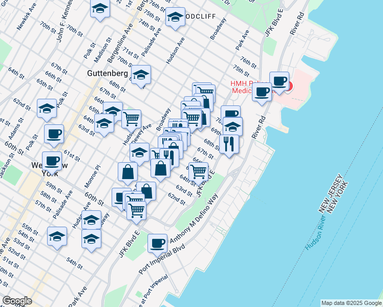 map of restaurants, bars, coffee shops, grocery stores, and more near 6612B Lincoln Place in West New York