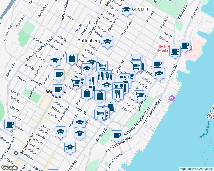 map of restaurants, bars, coffee shops, grocery stores, and more near 6304 Broadway in West New York