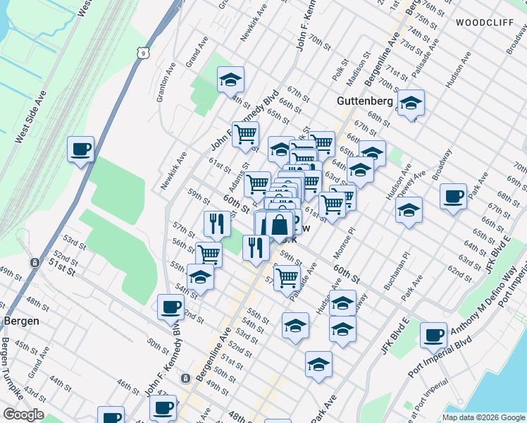map of restaurants, bars, coffee shops, grocery stores, and more near 6000 Madison Street in West New York