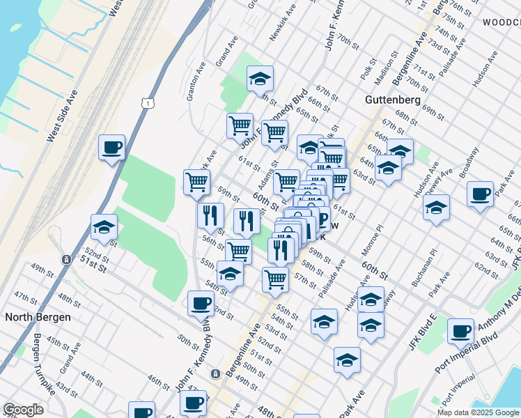 map of restaurants, bars, coffee shops, grocery stores, and more near 566 59th Street in West New York
