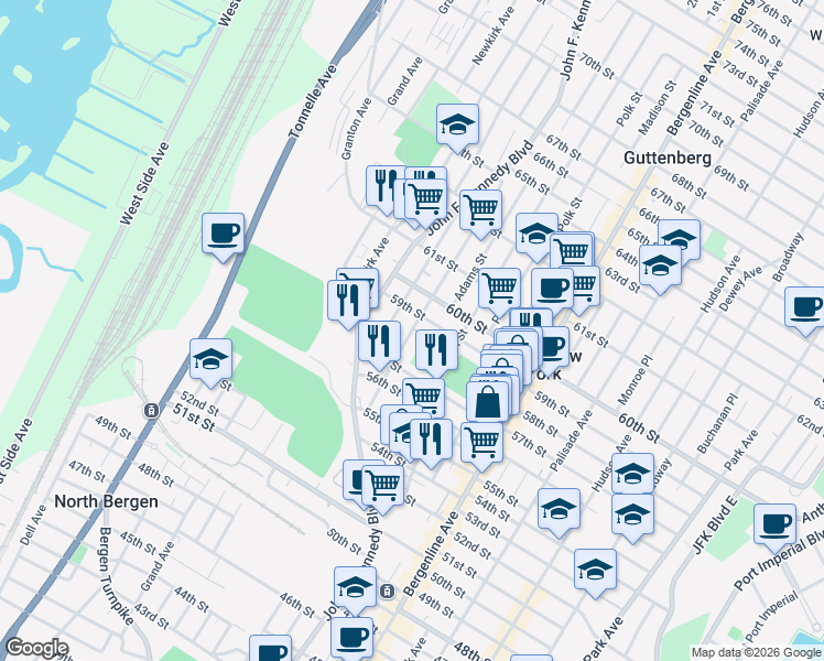 map of restaurants, bars, coffee shops, grocery stores, and more near 5710 Washington Street in West New York
