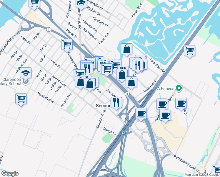 map of restaurants, bars, coffee shops, grocery stores, and more near 62 2nd Avenue in Secaucus