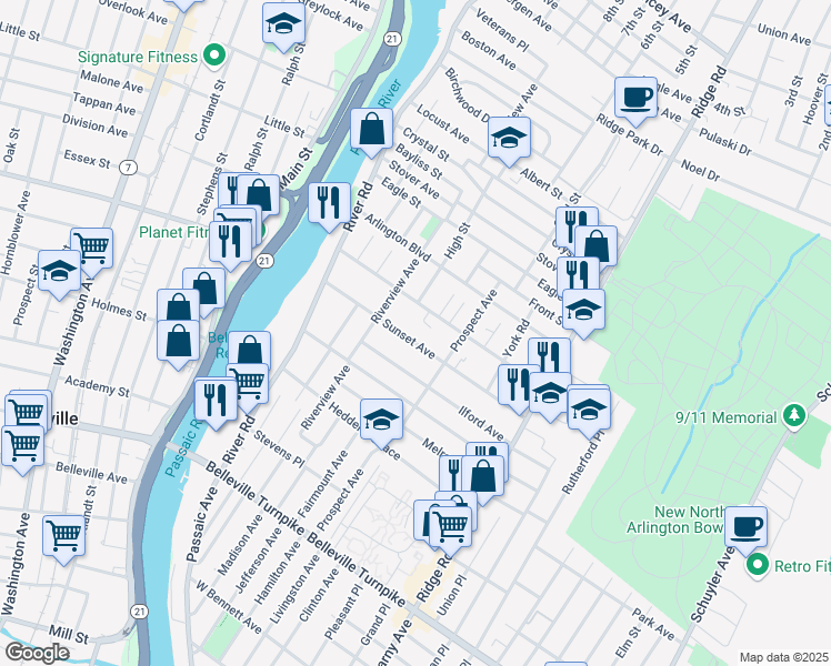 map of restaurants, bars, coffee shops, grocery stores, and more near 117 Sunset Avenue in North Arlington