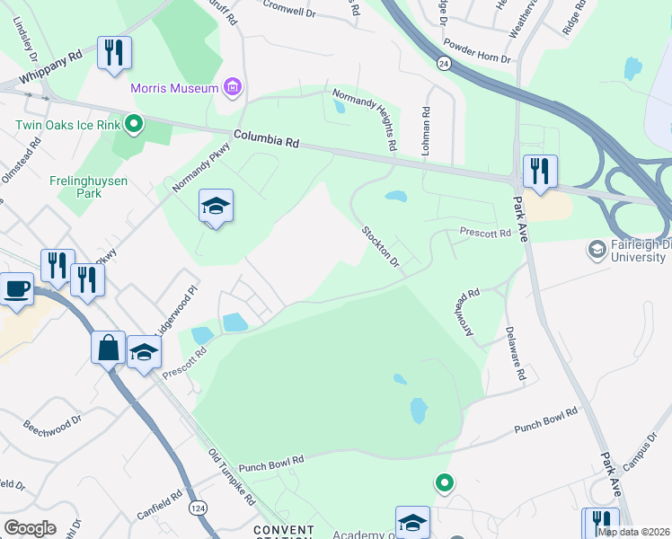 map of restaurants, bars, coffee shops, grocery stores, and more near 103 Columbia Road in Morristown