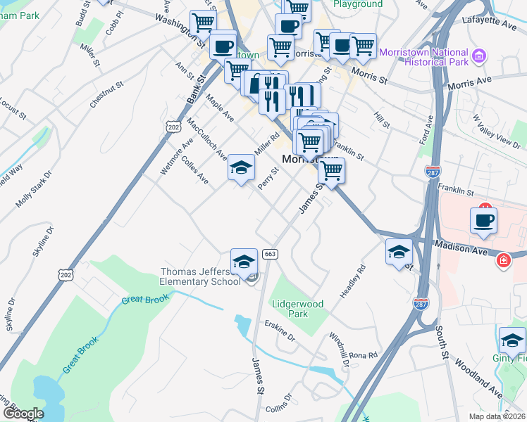 map of restaurants, bars, coffee shops, grocery stores, and more near 67 Madison Street in Morristown