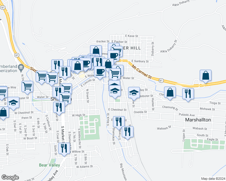 map of restaurants, bars, coffee shops, grocery stores, and more near 201 North Shamokin Street in Shamokin