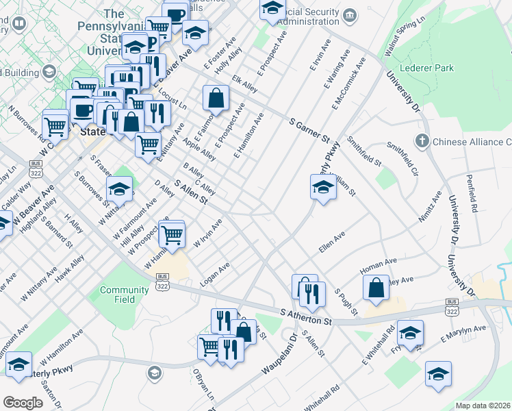 map of restaurants, bars, coffee shops, grocery stores, and more near 827 Old Boalsburg Road in State College