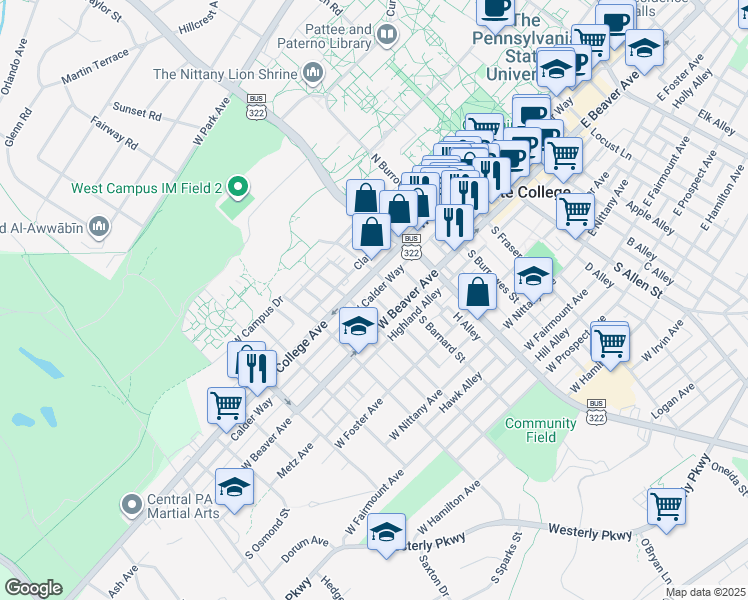map of restaurants, bars, coffee shops, grocery stores, and more near 127 South Gill Street in State College
