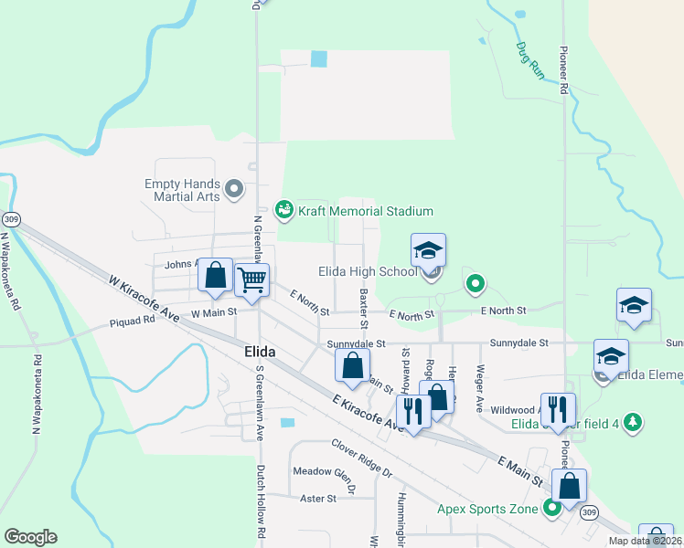 map of restaurants, bars, coffee shops, grocery stores, and more near 308 Hillcrest Dr in Elida