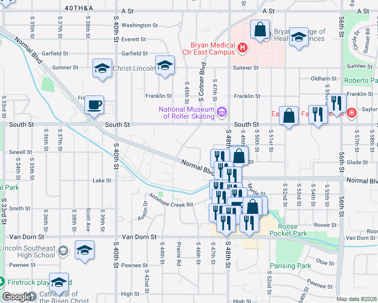 map of restaurants, bars, coffee shops, grocery stores, and more near 4520 Normal Boulevard in Lincoln