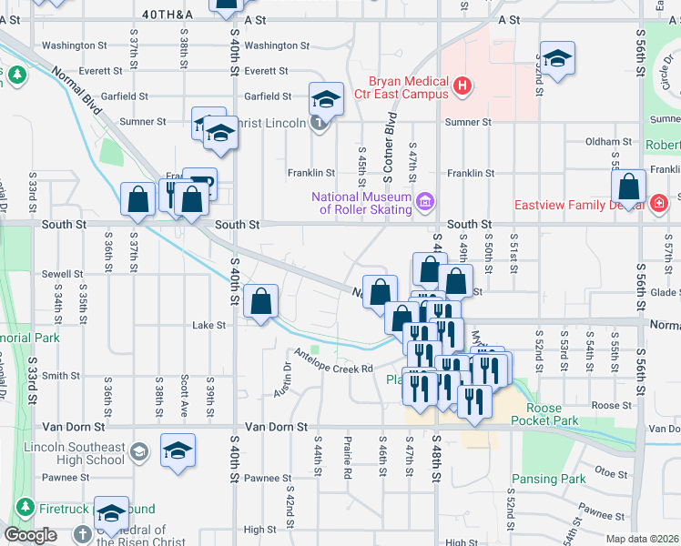 map of restaurants, bars, coffee shops, grocery stores, and more near 2241 South Cotner Boulevard in Lincoln