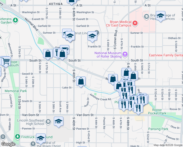 map of restaurants, bars, coffee shops, grocery stores, and more near 4225 Normal Boulevard in Lincoln