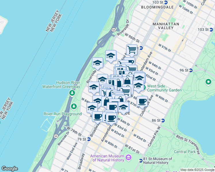 map of restaurants, bars, coffee shops, grocery stores, and more near 566 West End Avenue in New York