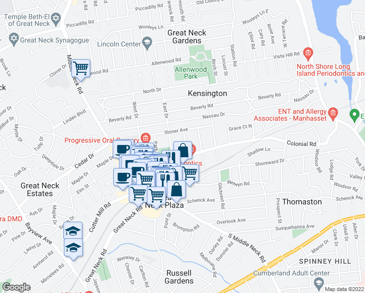 map of restaurants, bars, coffee shops, grocery stores, and more near 21 Canterbury Road in Great Neck