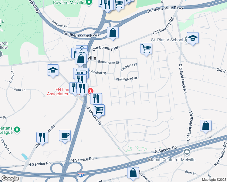 map of restaurants, bars, coffee shops, grocery stores, and more near 111 Hadley Place in Melville