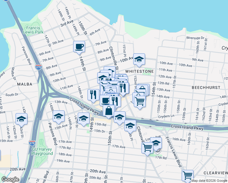 map of restaurants, bars, coffee shops, grocery stores, and more near 12-47 150th Street in Queens