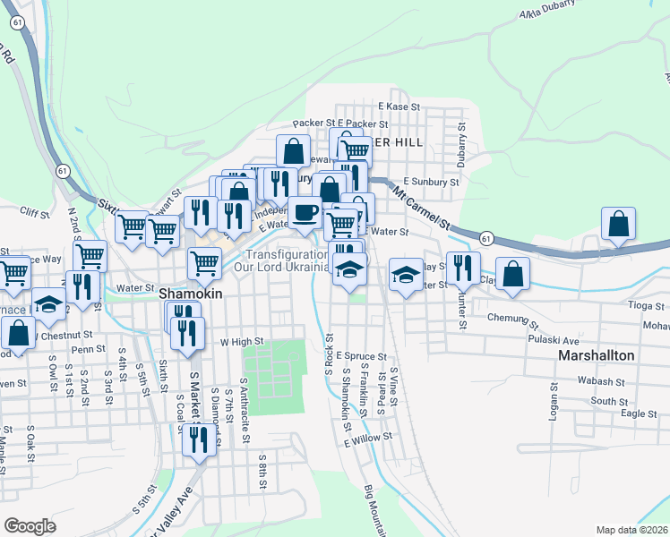 map of restaurants, bars, coffee shops, grocery stores, and more near 132 North Rock Street in Shamokin