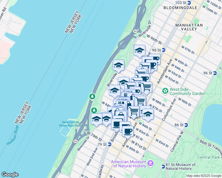 map of restaurants, bars, coffee shops, grocery stores, and more near 340 West 86th Street in New York