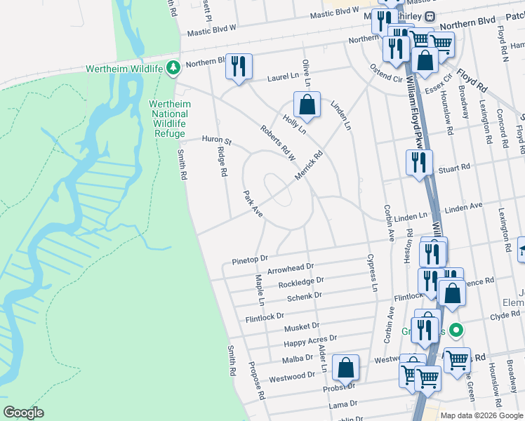 map of restaurants, bars, coffee shops, grocery stores, and more near 25 Park Avenue in Shirley