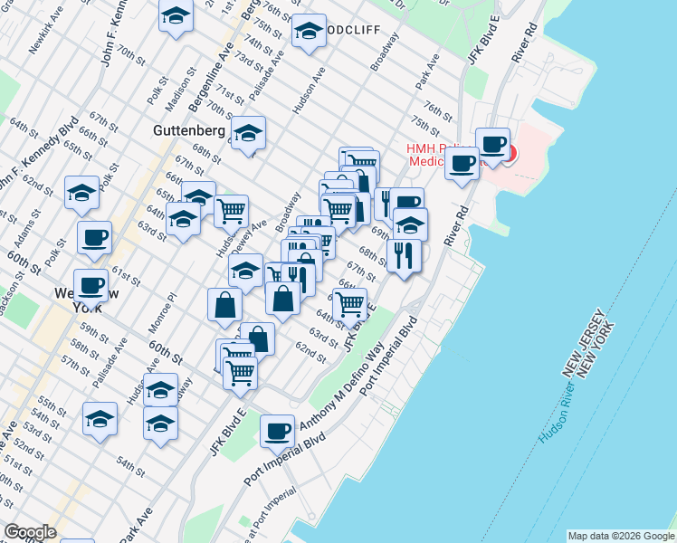 map of restaurants, bars, coffee shops, grocery stores, and more near 6612B Lincoln Place in West New York