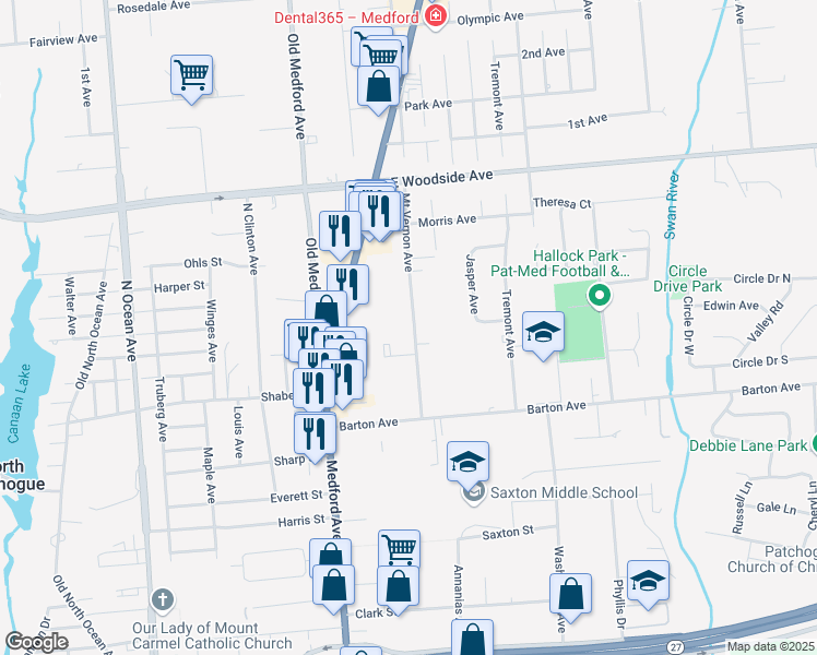 map of restaurants, bars, coffee shops, grocery stores, and more near 72 Mount Vernon Avenue in Patchogue