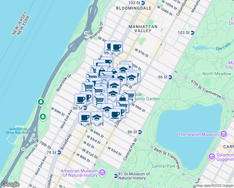 map of restaurants, bars, coffee shops, grocery stores, and more near 133 West 90th Street in New York