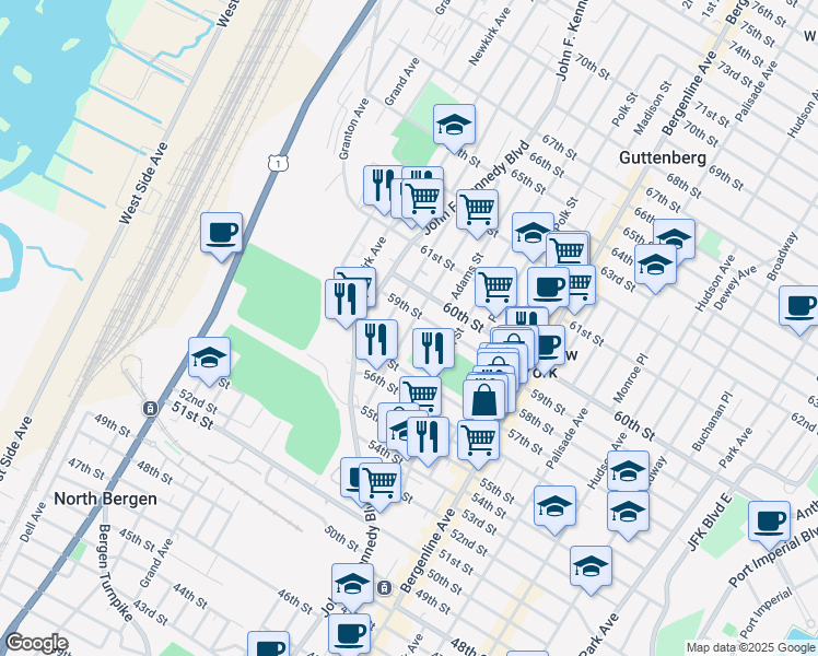 map of restaurants, bars, coffee shops, grocery stores, and more near in 
