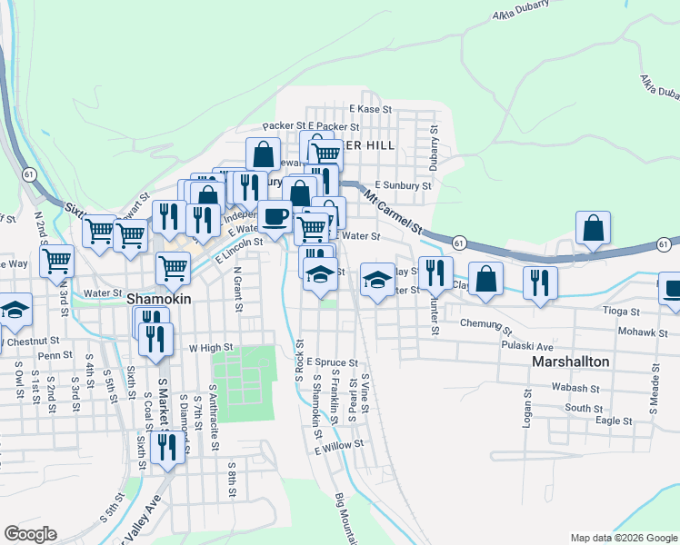 map of restaurants, bars, coffee shops, grocery stores, and more near 201 North Shamokin Street in Shamokin