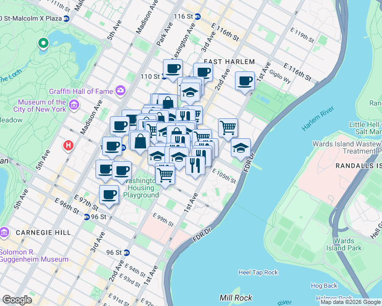 map of restaurants, bars, coffee shops, grocery stores, and more near 307 East 105th Street in New York
