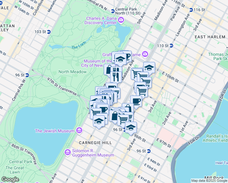 map of restaurants, bars, coffee shops, grocery stores, and more near 1468 Madison Avenue in New York