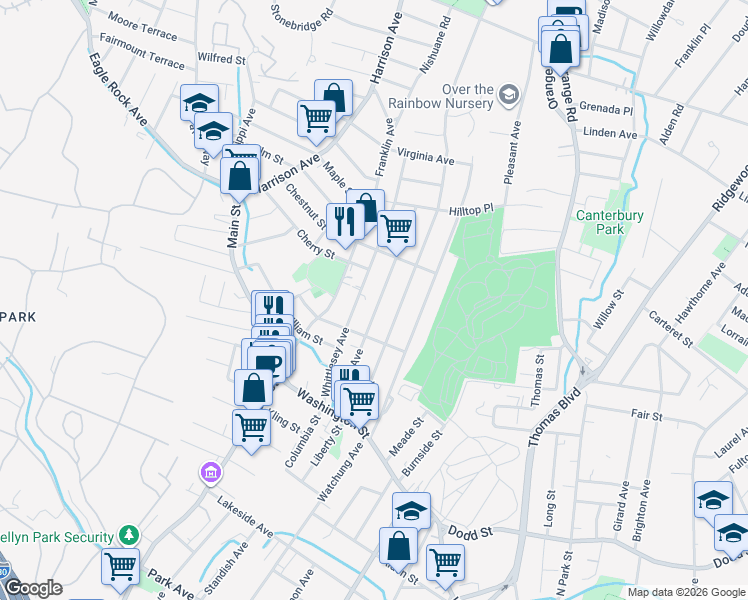 map of restaurants, bars, coffee shops, grocery stores, and more near 107 Watson Avenue in West Orange