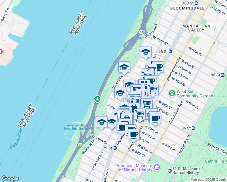 map of restaurants, bars, coffee shops, grocery stores, and more near 140 Riverside Drive in New York