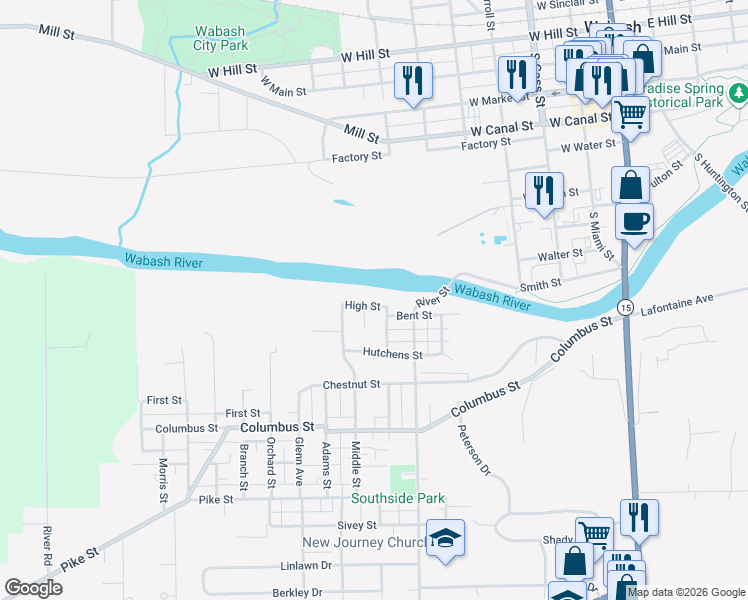 map of restaurants, bars, coffee shops, grocery stores, and more near 1001-1033 Coble Street in Wabash
