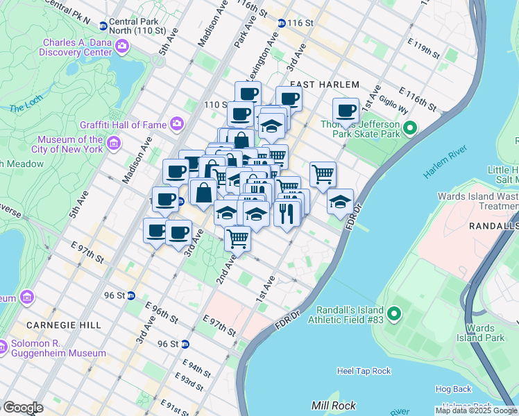 map of restaurants, bars, coffee shops, grocery stores, and more near 2nd Ave & E 105th St in New York