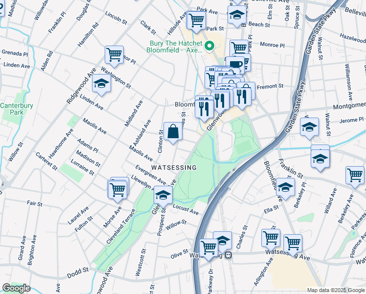 map of restaurants, bars, coffee shops, grocery stores, and more near 198 Glenwood Avenue in Bloomfield