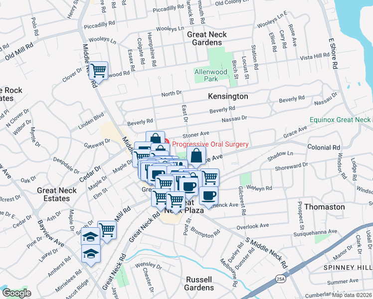 map of restaurants, bars, coffee shops, grocery stores, and more near 21 Barstow Road in Great Neck