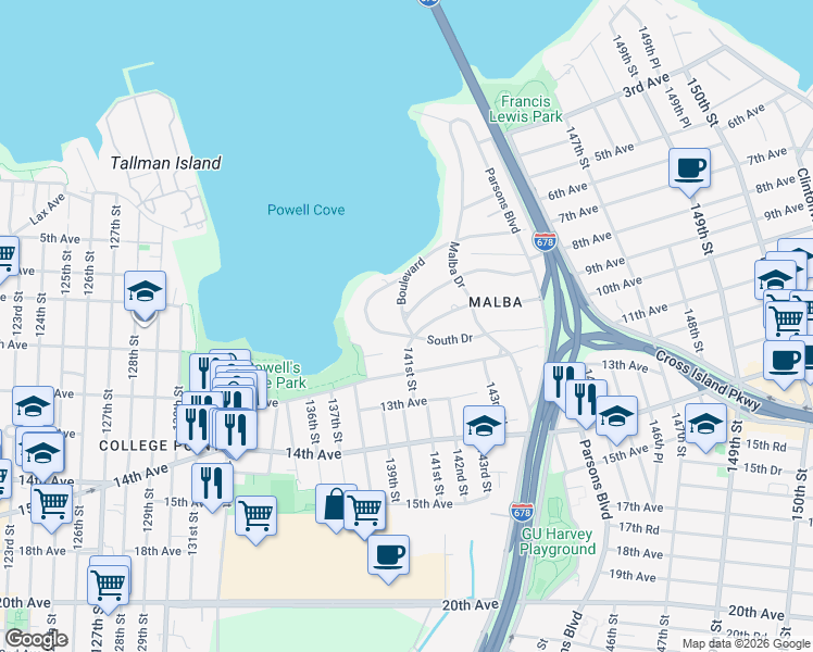 map of restaurants, bars, coffee shops, grocery stores, and more near 130-8 28th Avenue in Queens