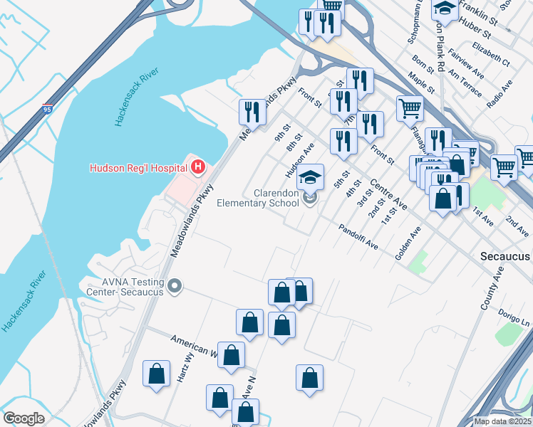 map of restaurants, bars, coffee shops, grocery stores, and more near 323 Mansfield Avenue in Secaucus