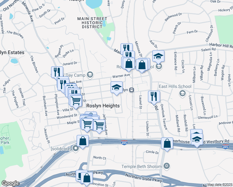 map of restaurants, bars, coffee shops, grocery stores, and more near 3 Saint Marks Place in Roslyn Heights