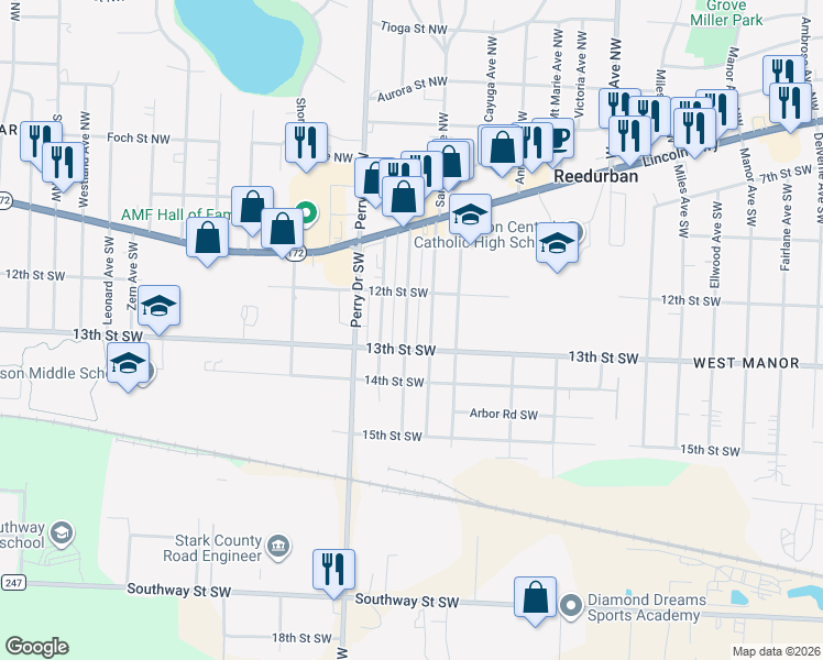 map of restaurants, bars, coffee shops, grocery stores, and more near 1236 Brooklyn Avenue Southwest in Canton