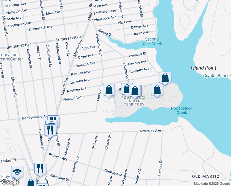map of restaurants, bars, coffee shops, grocery stores, and more near 78 Eleanor Avenue in Mastic