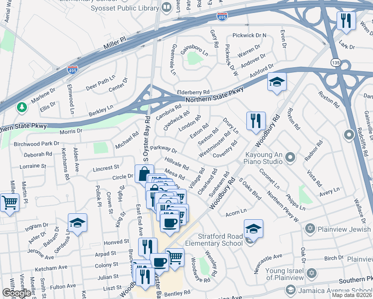 map of restaurants, bars, coffee shops, grocery stores, and more near 30 Parkway Drive in Syosset