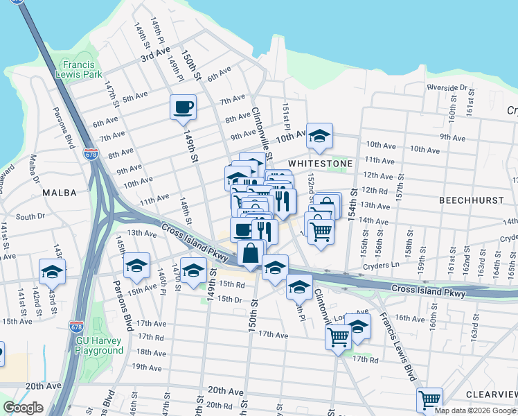 map of restaurants, bars, coffee shops, grocery stores, and more near 12-47 150th Street in Queens