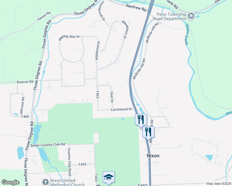 map of restaurants, bars, coffee shops, grocery stores, and more near 1229 East Drive in Butler