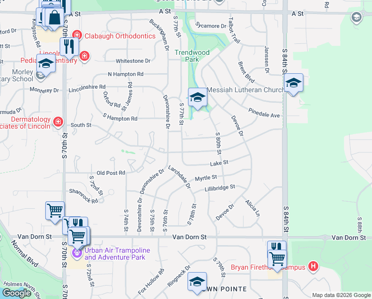 map of restaurants, bars, coffee shops, grocery stores, and more near 2101 South 77th Street in Lincoln