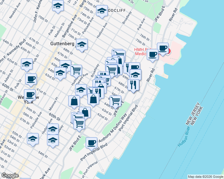 map of restaurants, bars, coffee shops, grocery stores, and more near 6612B Lincoln Place in West New York