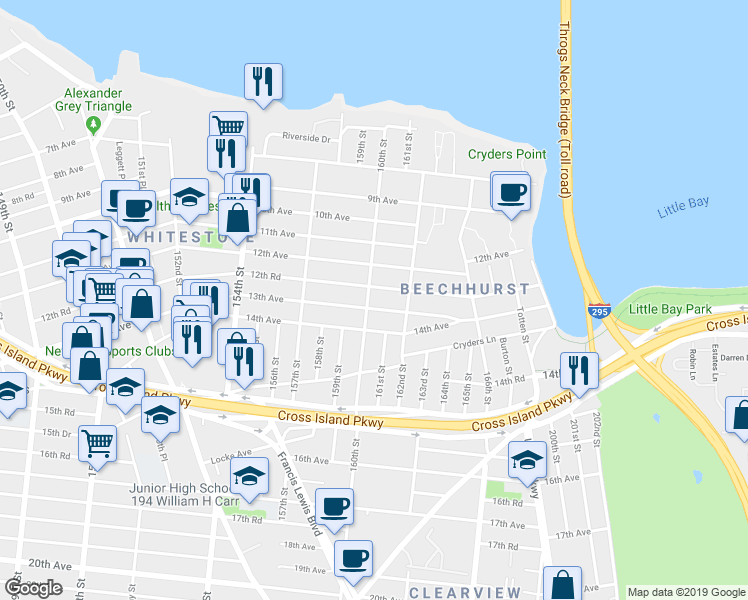 map of restaurants, bars, coffee shops, grocery stores, and more near 12-35 160th Street in Queens